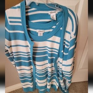 Liz Baker Women's 2 Pc. Teal and White Striped Cardigan